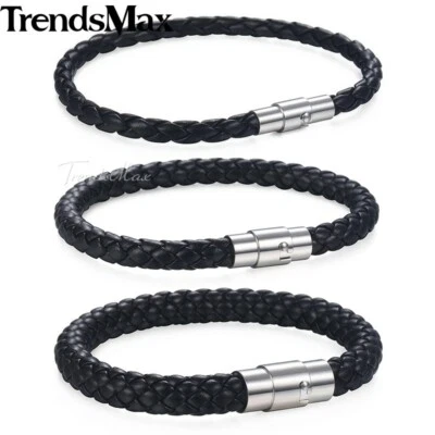 4/6/8mm Black Braided Leather Cord Rope Bracelet Stainless Steel Magnetic Clasp - Image 1 of 4
