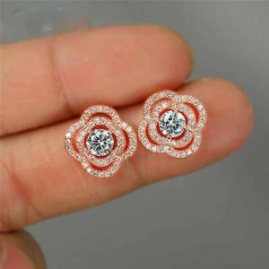 1.35 Ct Simulated Round Cut Diamond Flower Stud Earring's Gift Rose Gold Plated - Picture 1 of 3