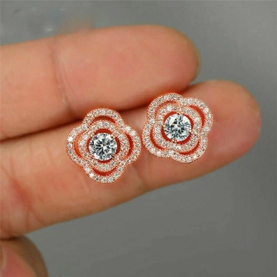 1.35 Ct Simulated Round Cut Diamond Flower Stud Earring's Gift Rose Gold Plated - Image 1 of 3