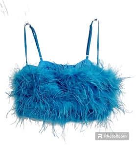 Boohoo Feather Bra Bralette Crop Top Turquoise Sz 14 NWT Whimsygoth Candy Rave - Picture 1 of 4