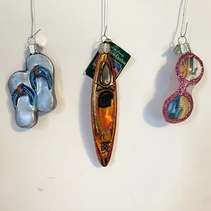 Set of 3 Old World Christmas Ornaments Tropical Sunglasses Kayak Flip Flops - Picture 1 of 9