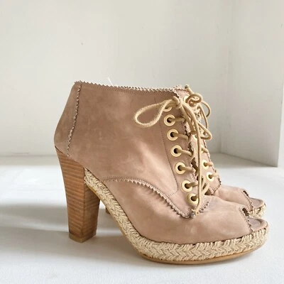 Stuart Weitzman Light Beige Suede Espadrille Detail Heeled Peep Toe Booties 7.5 - Image 1 of 4
