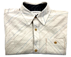 Split Casual Button Down Mens Shirt Size Medium Tan Striped Collar Short Sleeve - Picture 1 of 8