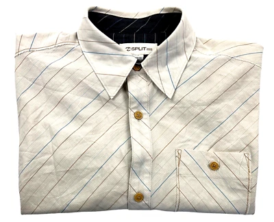 Split Casual Button Down Mens Shirt Size Medium Tan Striped Collar Short Sleeve - Image 1 of 4