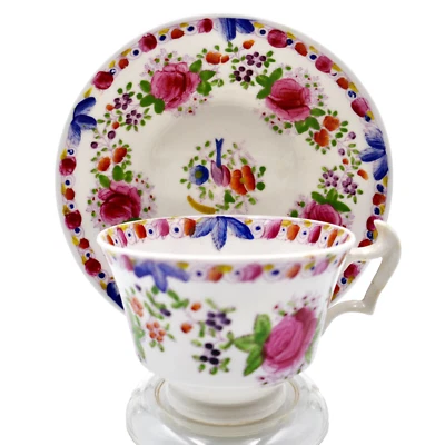Early Polychrome Cup Saucer London Shape Handpaint Floral England C1815 Antique - Image 1 of 4