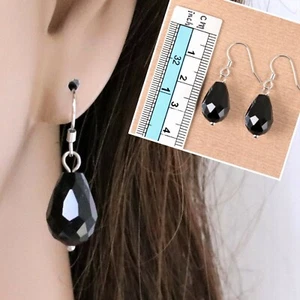 #C101 NEW PIERCING CUTE 0.5" Black Teardrop Crystal 1" Dangle HOOK Earrings PAIR - Picture 1 of 7