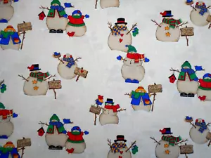 Christmas Fabric 3/4+ Yard Snowmen Signs Birds Birdhouse on Cream Cotton Vtg #68 - Picture 1 of 2