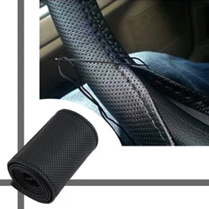 Car Truck Leather Steering Wheel Cover With Needles and Thread Black DIY Th - Picture 1 of 12