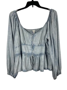 Aerie XXL Bauern Top blau gesmokt Lyocell Boho Cottagecore Renaissance Chambray - Bild 1 von 12