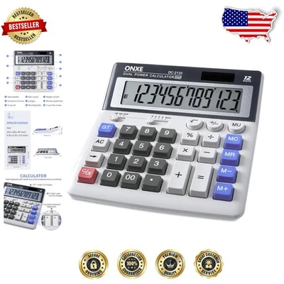 Large 4.9" LCD 12-Digit Desktop Calculator, Solar & Battery, Big Buttons, Off... - Image 1 of 4