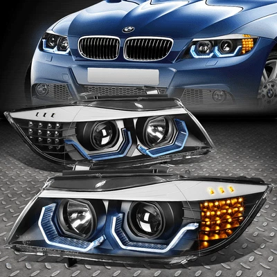 [LED 3D CRISTAL U-HALO]PARA 09-12 BMW SERIE 3 E90 4 PUERTAS FAROS/LÁMPARAS NEGRO Foto 1 de 4