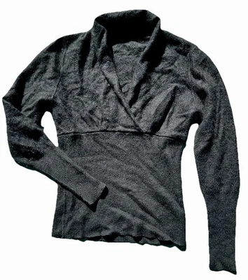 Black Soft Cashmere S Wrap Collar Stretch Shaped Ribbed Dress Sweater - Image 1 of 3