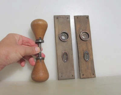 Antique Wooden Door Knobs Handles Plates OId Wood Vintage Edwardian - Image 1 of 4