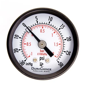 1-1/2" Utility Pressure Gauge Blk Steel Case, 1/8" NPT, Ctr Back -30HG/30PSI - Picture 1 of 5
