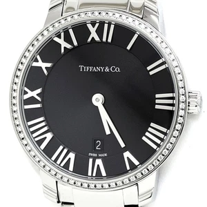 TIFFANY & Co. Atlas Dome Black Dial 30mm Quartz Diamond Bezel Used /w Box - Picture 1 of 7