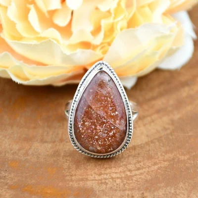 Pear Sunstone Ring 925 Sterling Silver Handmade Statement ring Gift for Her - Image 1 of 4
