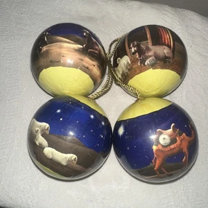 4 Blue Holiday Round Christmas Ornaments With Gold Yarn - Picture 1 of 3