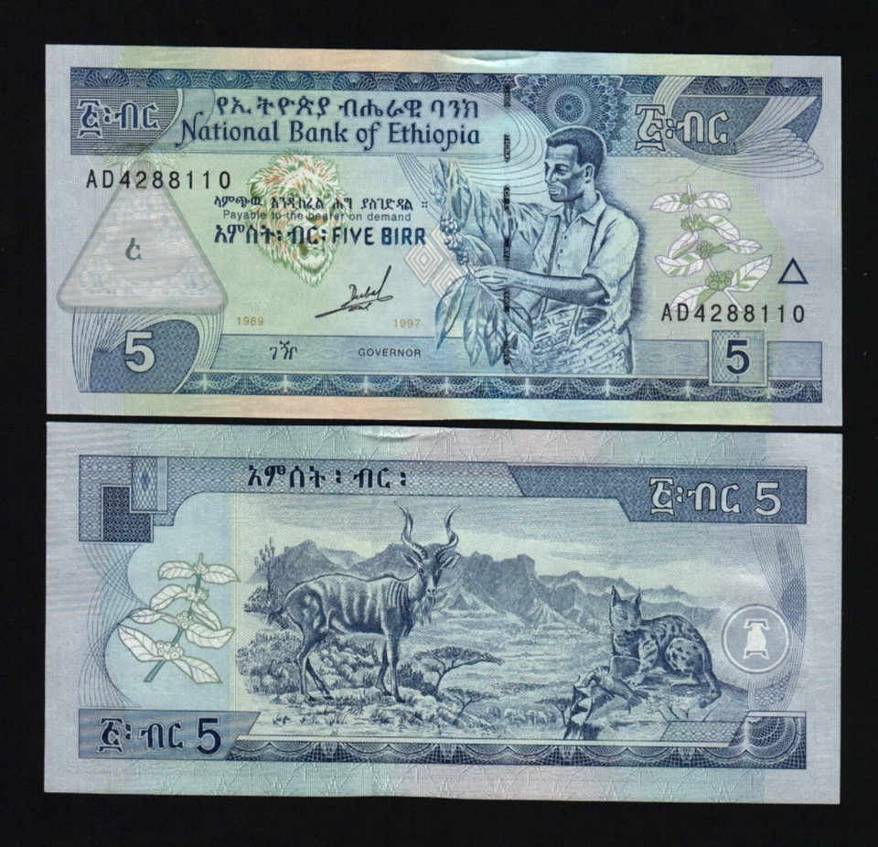 ETHIOPIA 5 BIRR P-47 1989-1997 X 10 Pcs Lot KUDU CARACAL UNC MONEY BILL BANKNOTE - Image 1 of 1