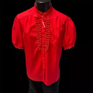 Vtg 70 80’s Red Bow Tie Collar RUFFLED Blouse Western Dancer Square Dance Shirt - Picture 1 of 5