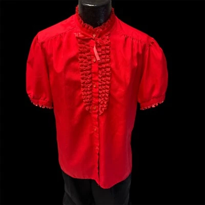 Vtg 70 80’s Red Bow Tie Collar RUFFLED Blouse Western Dancer Square Dance Shirt - Image 1 of 4