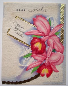 Biglietto di auguri compleanno orchidee rosa lamina in rilievo accento alla mamma vintage *UU25 - Foto 1 di 3