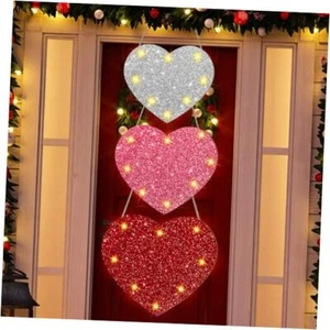 3 Pcs Lighted Valentine's Day Wooden Hanging Glitter Heart Shape Door Decor - Picture 1 of 7