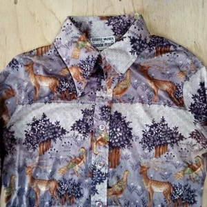 Vintage Gordon Peters Forest Deer Pheasant Polyester Disco Shirt - Picture 1 of 7