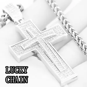 14K WHITE GOLD FINISH LAB DIAMOND SILVER CROSS PENDANT 36'FRANCO CHAIN 97g R98 - Picture 1 of 10