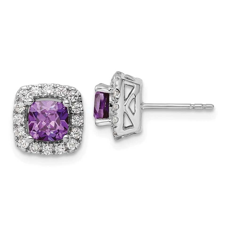 9mm 14K White Gold Lab-Created Diamond and Amethyst Halo Post Earrings - Image 1 of 4