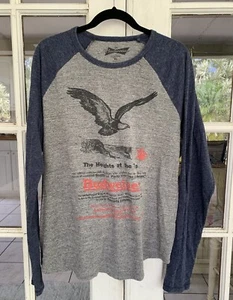 Budweiser Eagle XL Men's Tee Shirt Gray Blue Long SLeeve Baseball Style Cotton - Picture 1 of 7