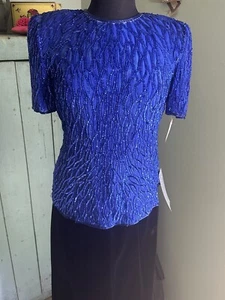 VINTAGE 80er Jahre Lawrence Kazar blau Pailletten Seidenoberteil Bluse M Retro Neu mit Etikett * Mängel - Bild 1 von 15