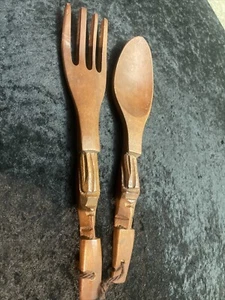 Large Carved Wooden Fork And Spoon Wall Hanging Decor 12.5”Kitchen Freeshipping - Picture 1 of 10