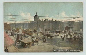 POSTCARD Piccadilly Manchester busy street scene, horse and carts - Picture 1 of 2