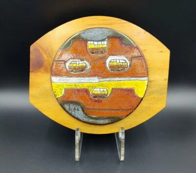 Vintage MCM Eduardo Vega Equador Ceramic Enamel Tile Trivet Wood Stand Modernist - Image 1 of 4