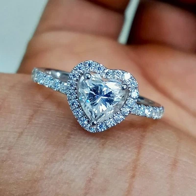 1.2ct Heart Cut VVS1 Moissanite Women halo Engagement Ring 14K White Gold Plated - Image 1 of 4