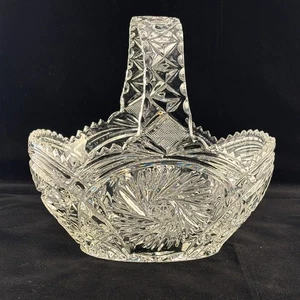 Glass Wedding Crystal Handled Basket Diamond Star Floral Pattern - Picture 1 of 8