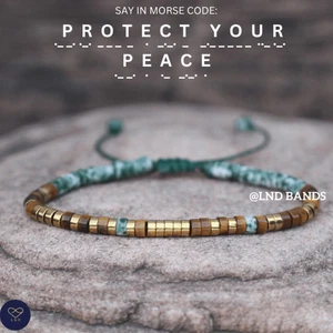 Morse code PROTECT YOUR PEACE Tiger eye Adjustable Affirmation Bracelet, motivat - Picture 1 of 4
