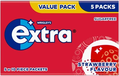 Wrigley's Extra Chewing Gum, Strawberry Flavour, 5 Packs of 10 Pieces, Sugar Fre - Image 1 of 4