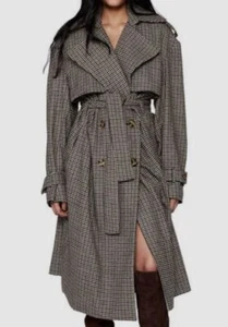 $280 Bardot Women's Brown Check Oversize Trench Coat Jacket Size 8 - Picture 1 of 4
