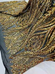 Mermaid Design Fabric Gold on Black 4 Way Stretch Sequins Lace Mesh Fabric Yard - Picture 1 of 6