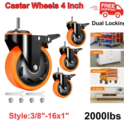 TAYLOON 4" Caster Wheels 2000lbs, Threaded Stem Casters, Heavy duty, 3/8"-16 x 1", Dual