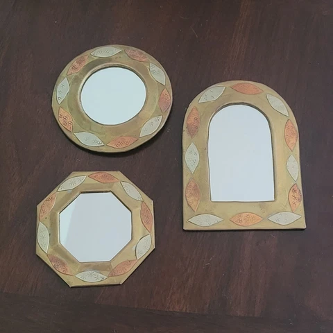 Small Vintage Handmade Brass Copper Arched Metal Mirror Set of 3 Made in Morocco Cover