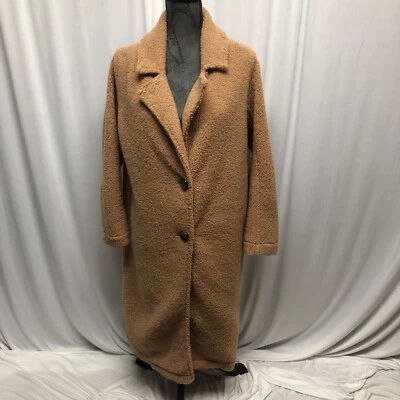 She and Sky Faux Fur Teddy Coat Womens Size Medium Camel Longline Two Button  - Image 1 of 4