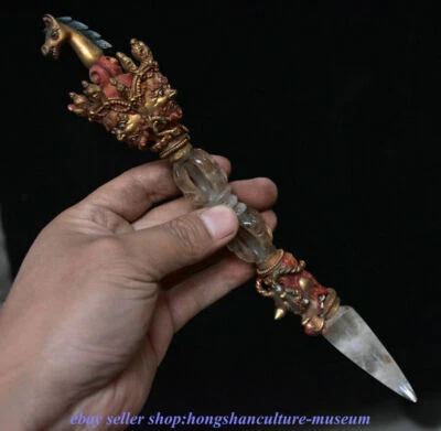 10"Old Tibet Buddhism Crystal Copper Gilt Hayagriva Buddha Phurba Dagger Holder - Image 1 of 4