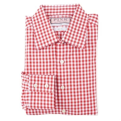 Thomas Pink Slim-Fit Red Gingham Check Cotton Spread Collar Dress Shirt 17 x 36 - Image 1 of 3