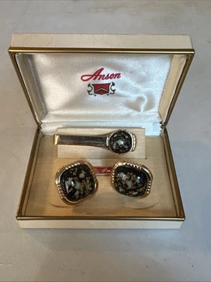 VTG Pair Ansen Golt Tone Black Accent Cuff Links & Tie Clip In Case b16 - Image 1 of 4
