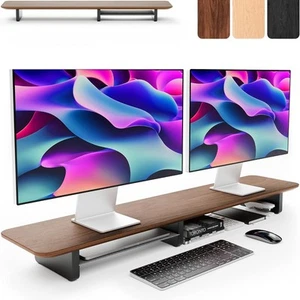 Estante de escritorio integrado con elevador de doble monitor de metal y madera de nogal para 2 monitores - Imagen 1 de 3