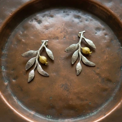 Anthropologie Earrings Pomegranate Silver Leaf Berry Branch Boho VTG Flower Gold - Image 1 of 4