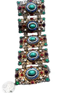 SELTENES Hollycraft Österreich-Ungarisches Design breites "Jeweled" Peking Glas Armband - Bild 1 von 4