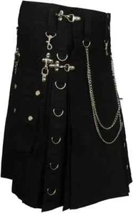 Black Utility Fashion Gothic Kilt With Silver Chains Two Cargo Removeable Pocket - Picture 1 of 6
